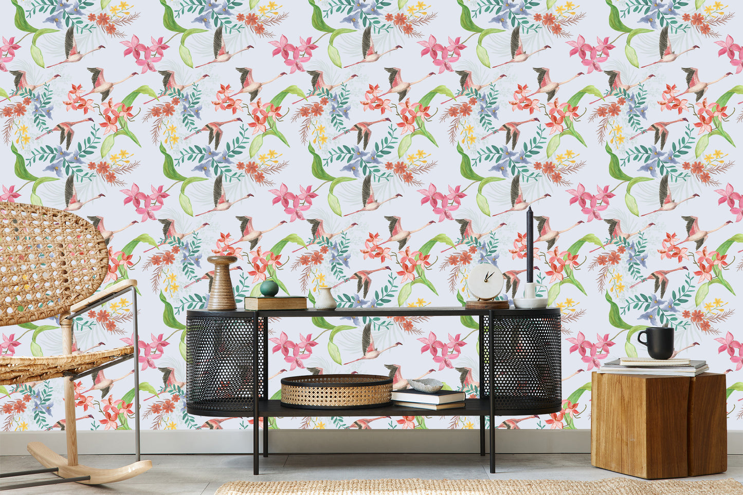 Wallpaper Flying Cranes And Flowers