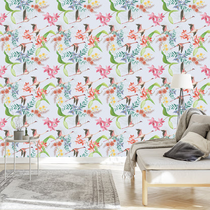 Wallpaper Flying Cranes And Flowers