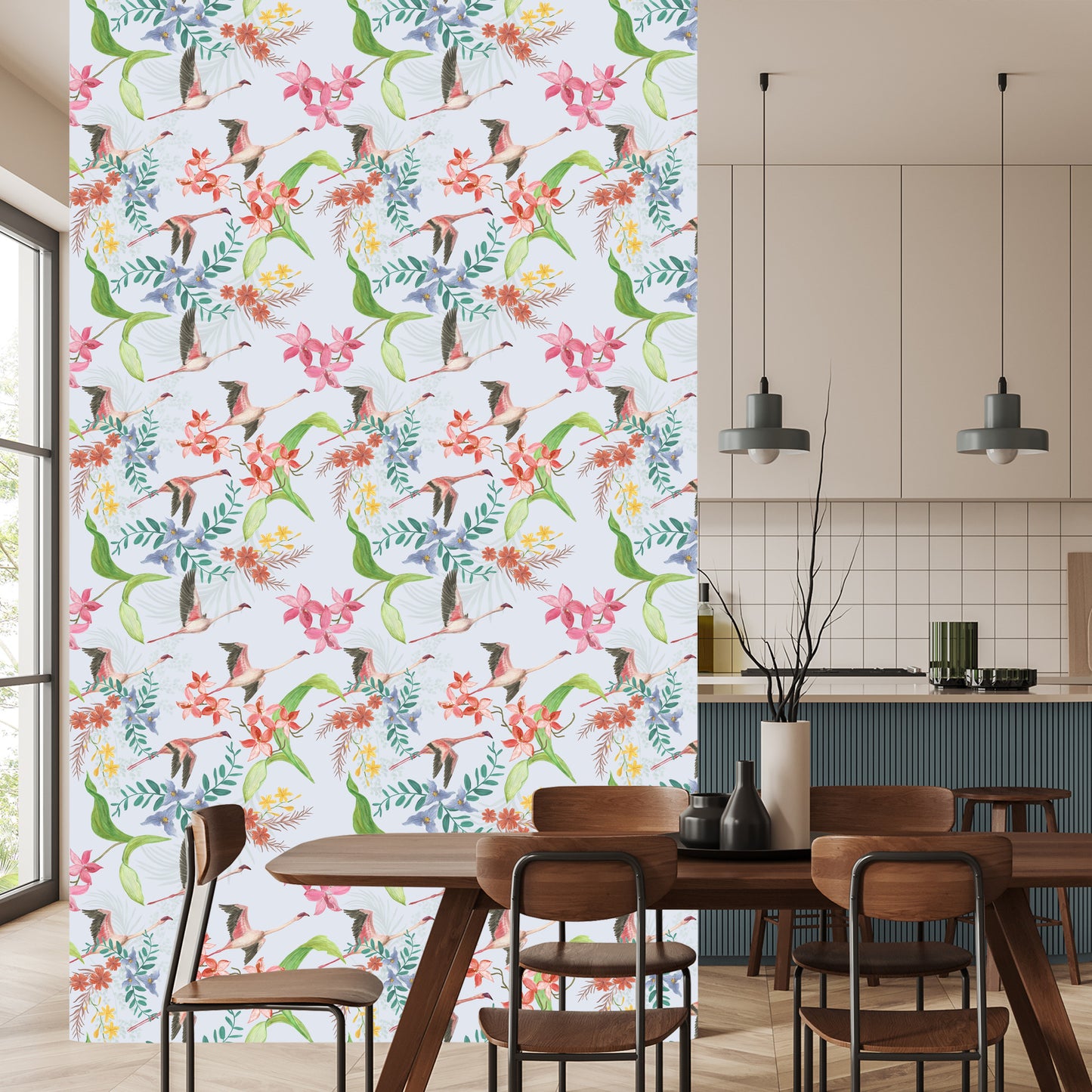 Wallpaper Flying Cranes And Flowers
