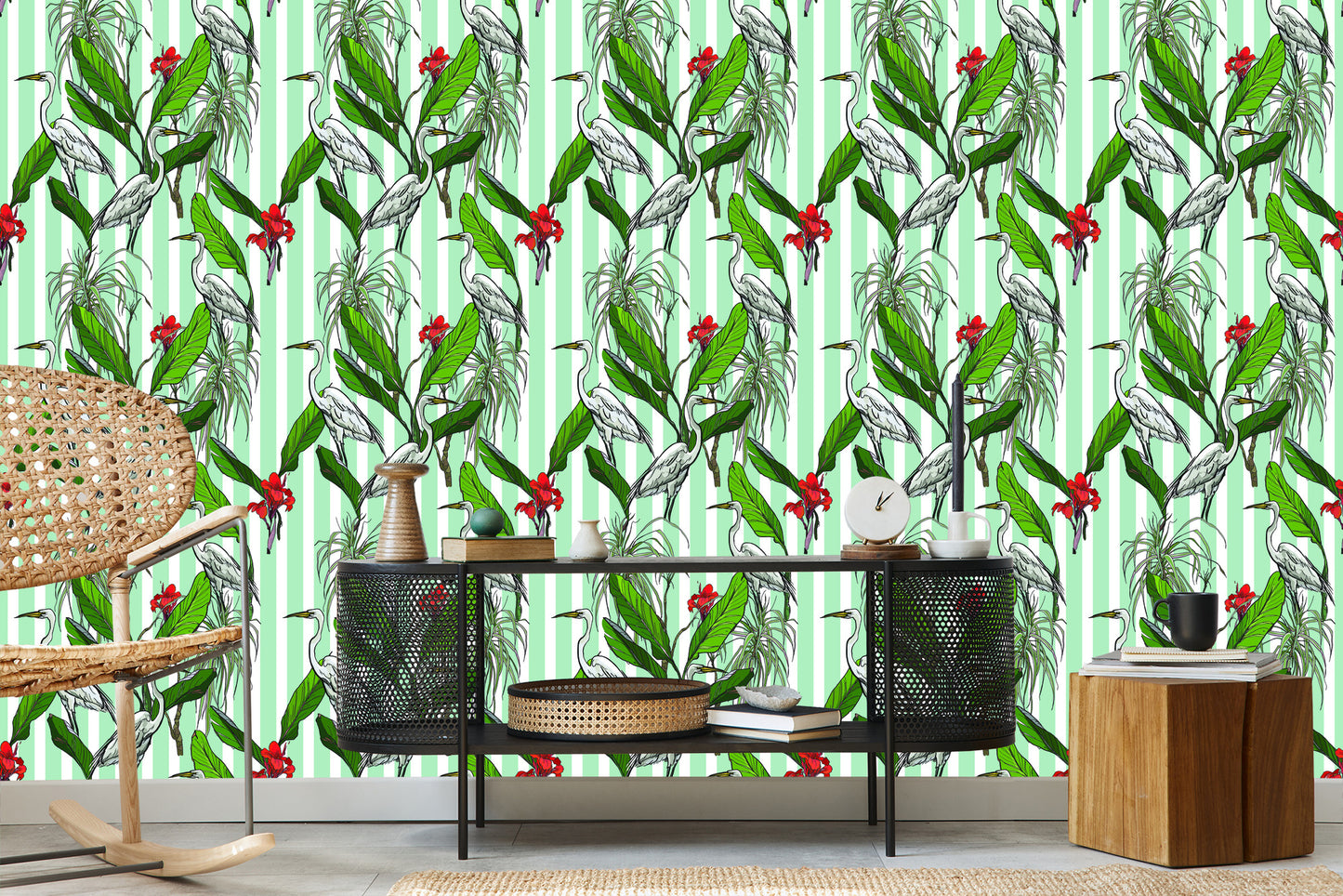 Wallpaper Cranes, Leaves And Flowers