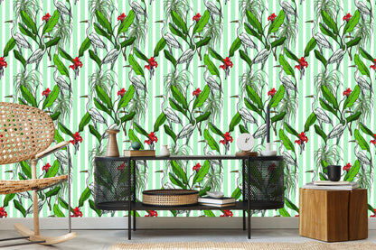 Wallpaper Cranes, Leaves And Flowers