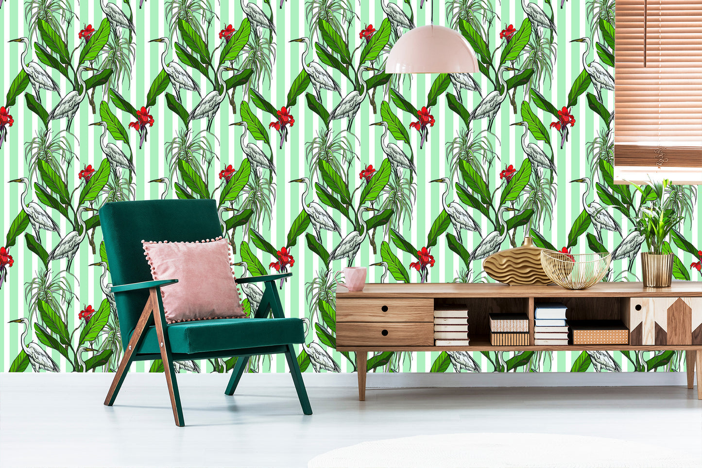Wallpaper Cranes, Leaves And Flowers