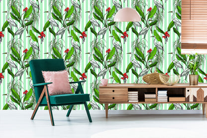 Wallpaper Cranes, Leaves And Flowers