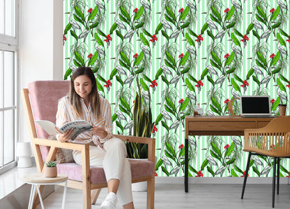 Wallpaper Cranes, Leaves And Flowers
