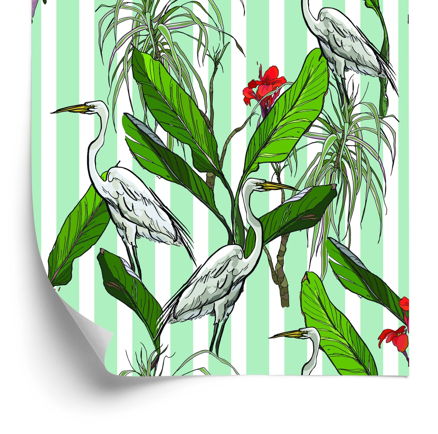 Wallpaper Cranes, Leaves And Flowers