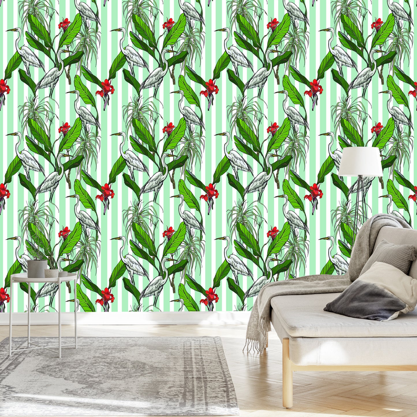 Wallpaper Cranes, Leaves And Flowers