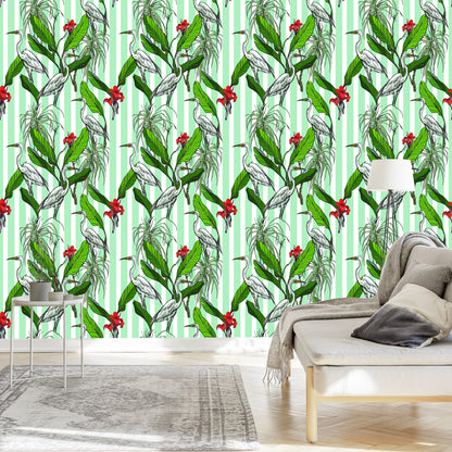 Wallpaper Cranes, Leaves And Flowers