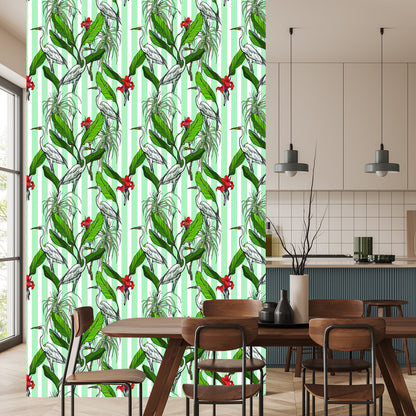 Wallpaper Cranes, Leaves And Flowers