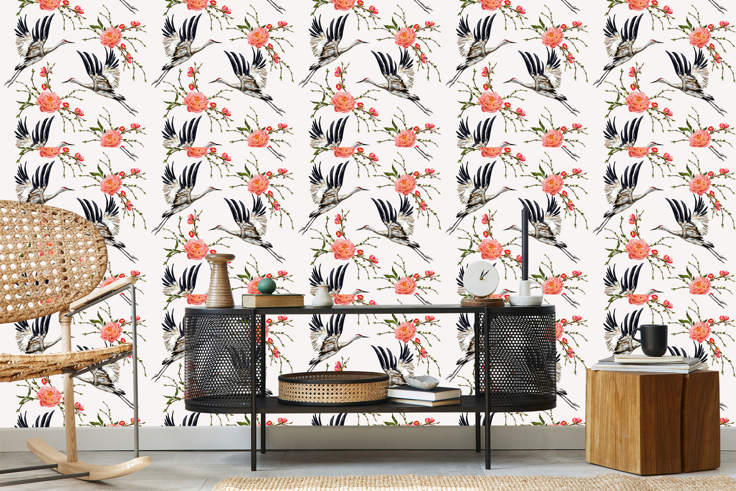 Wallpaper Cranes And Flowers