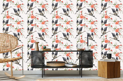 Wallpaper Cranes And Flowers