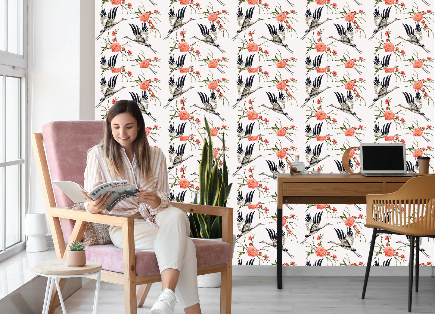 Wallpaper Cranes And Flowers