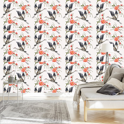 Wallpaper Cranes And Flowers
