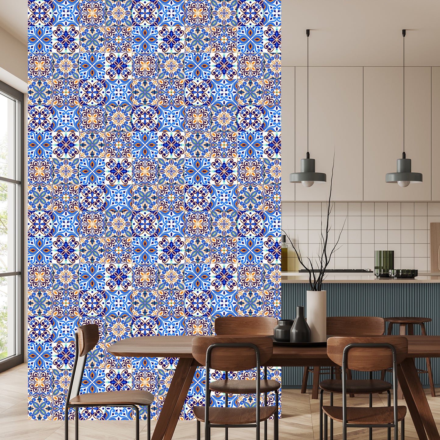 Wallpaper For The Dining Room. Imitation Of Tiles. Colorful Mosaic