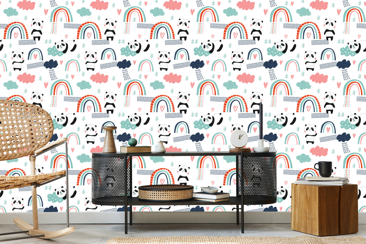 Wallpaper Pandas With A Rainbow In The Background
