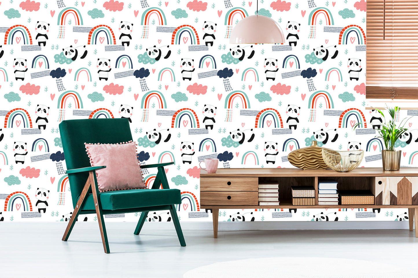 Wallpaper Pandas With A Rainbow In The Background