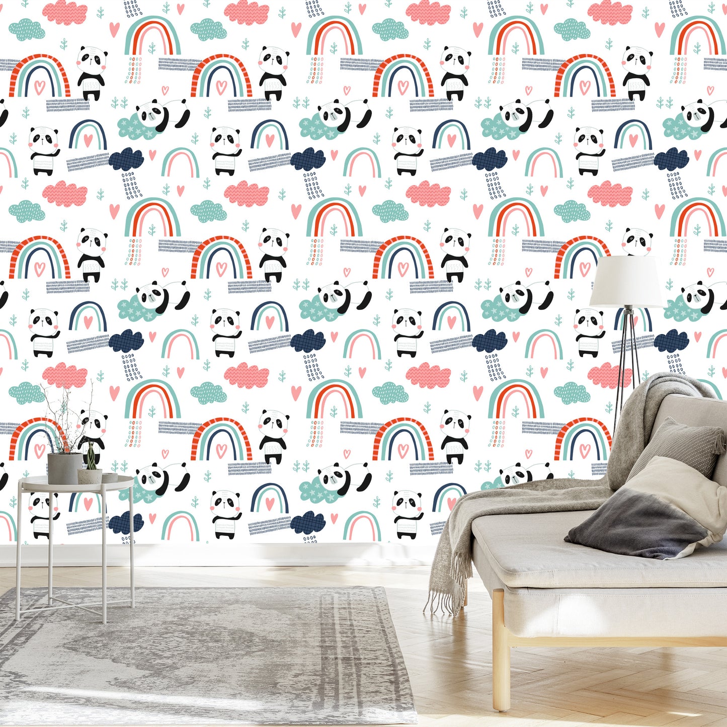 Wallpaper Pandas With A Rainbow In The Background