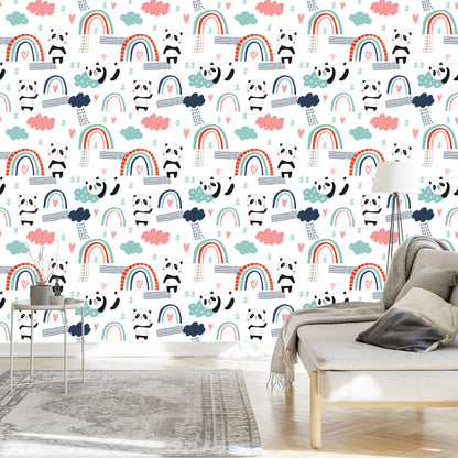 Wallpaper Pandas With A Rainbow In The Background