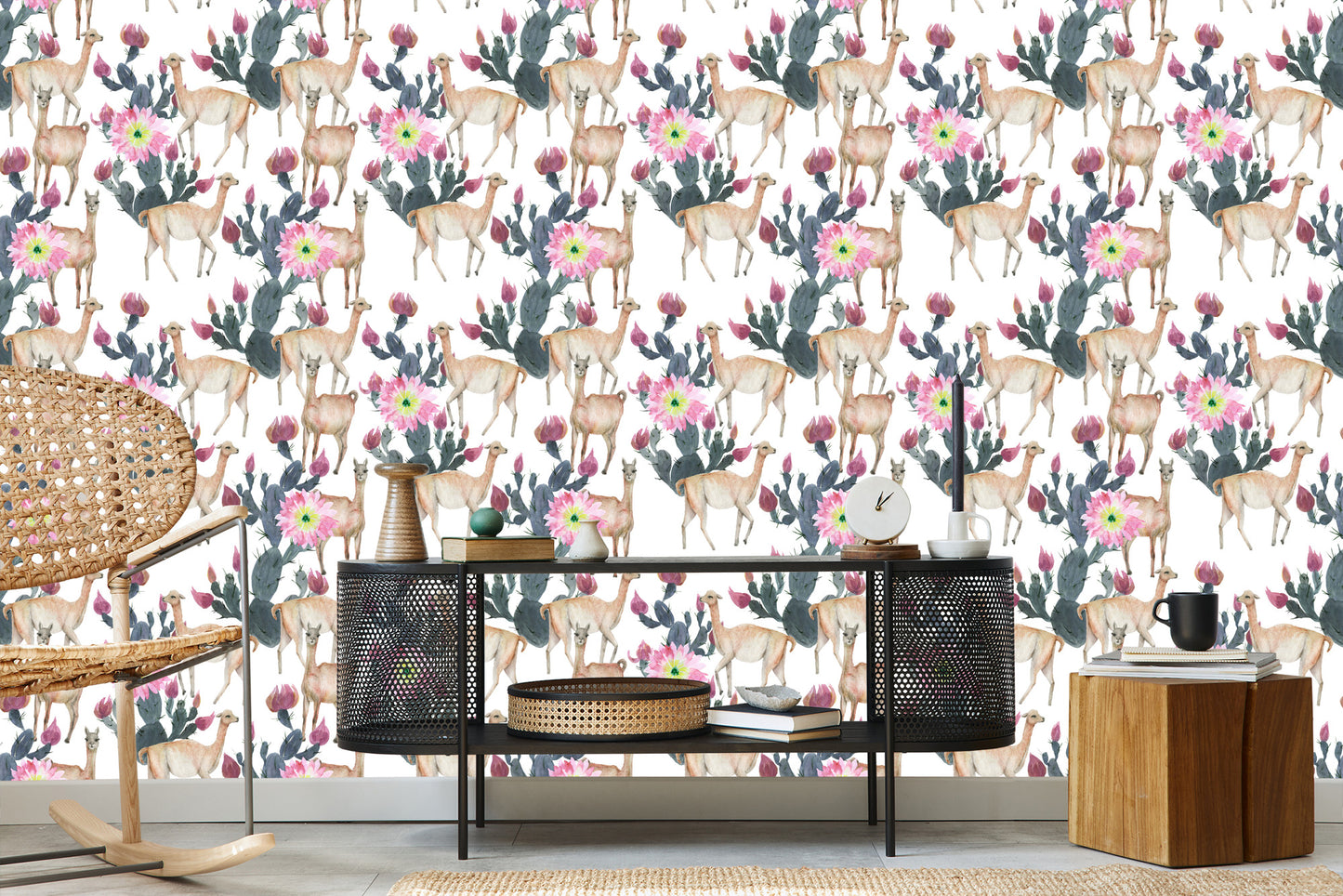 Wallpaper Alpaca Cacti And Flowers