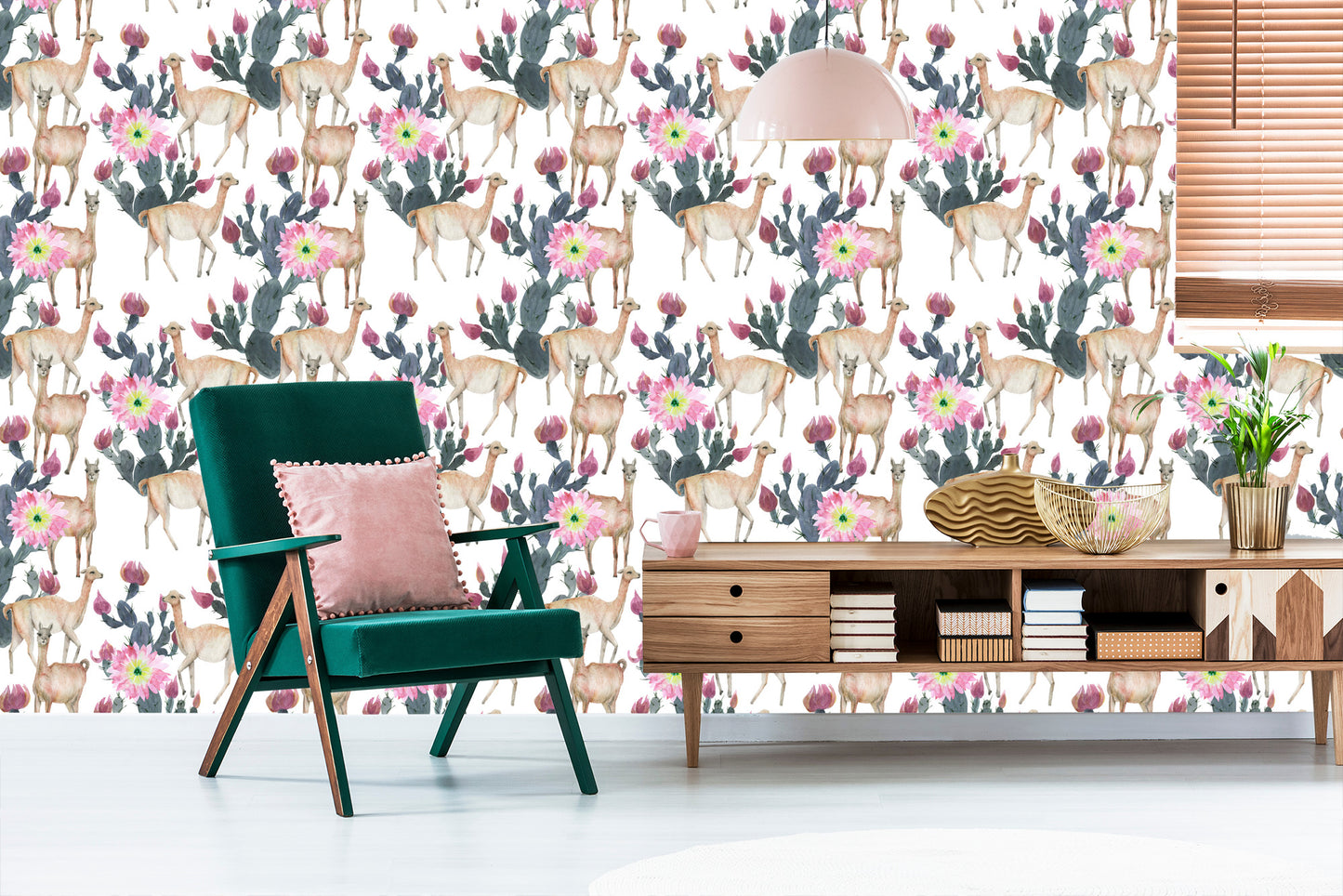 Wallpaper Alpaca Cacti And Flowers