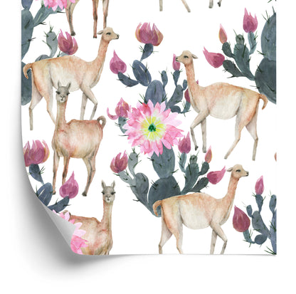 Wallpaper Alpaca Cacti And Flowers
