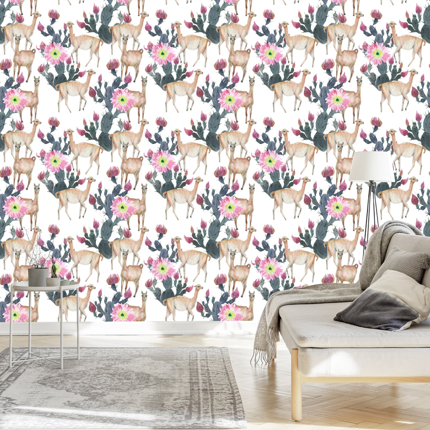 Wallpaper Alpaca Cacti And Flowers