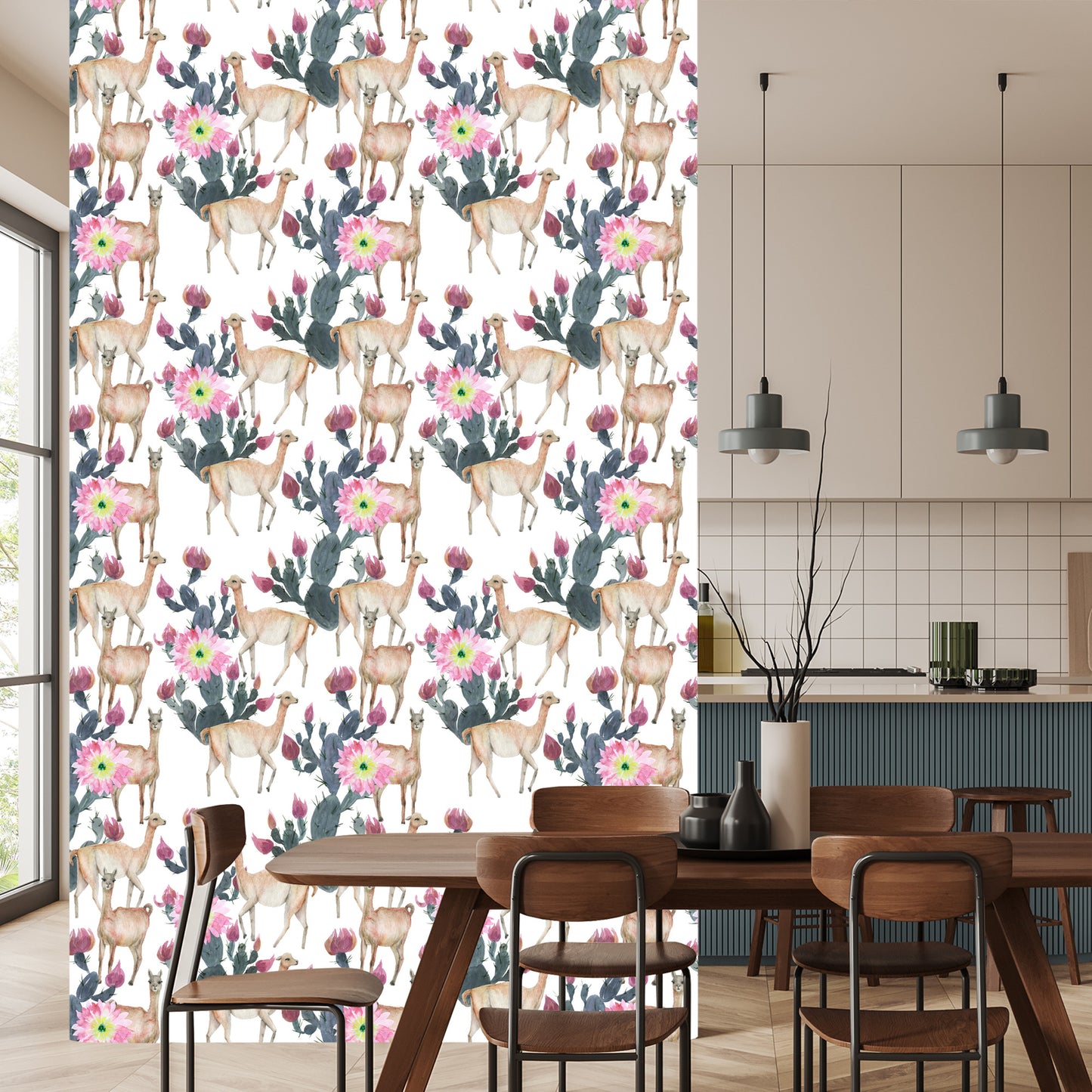 Wallpaper Alpaca Cacti And Flowers