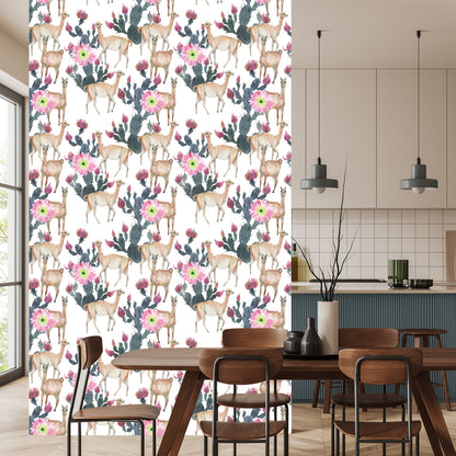 Wallpaper Alpaca Cacti And Flowers