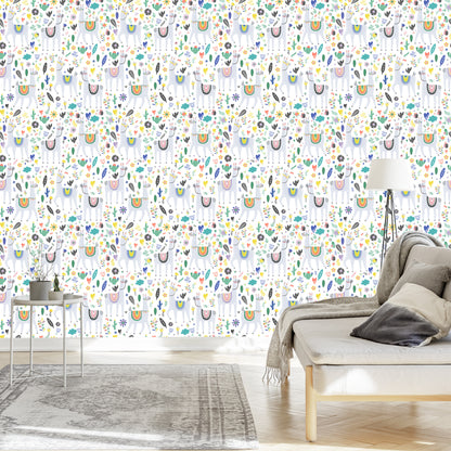 Wallpaper Lama Animals Flowers For A Baby's Room