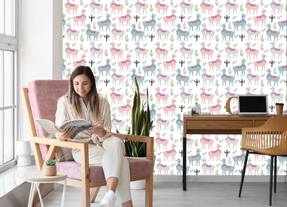 Wallpaper Colorful In Lama Animals Children's Room