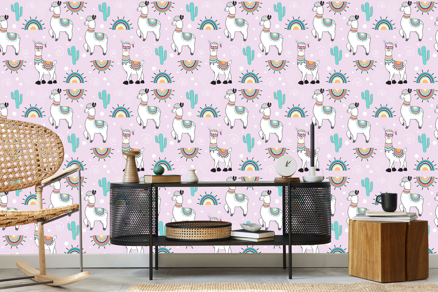 Wallpaper For Children's Room Lama Cacti Plants
