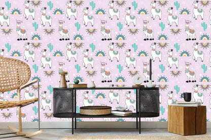 Wallpaper For Children's Room Lama Cacti Plants