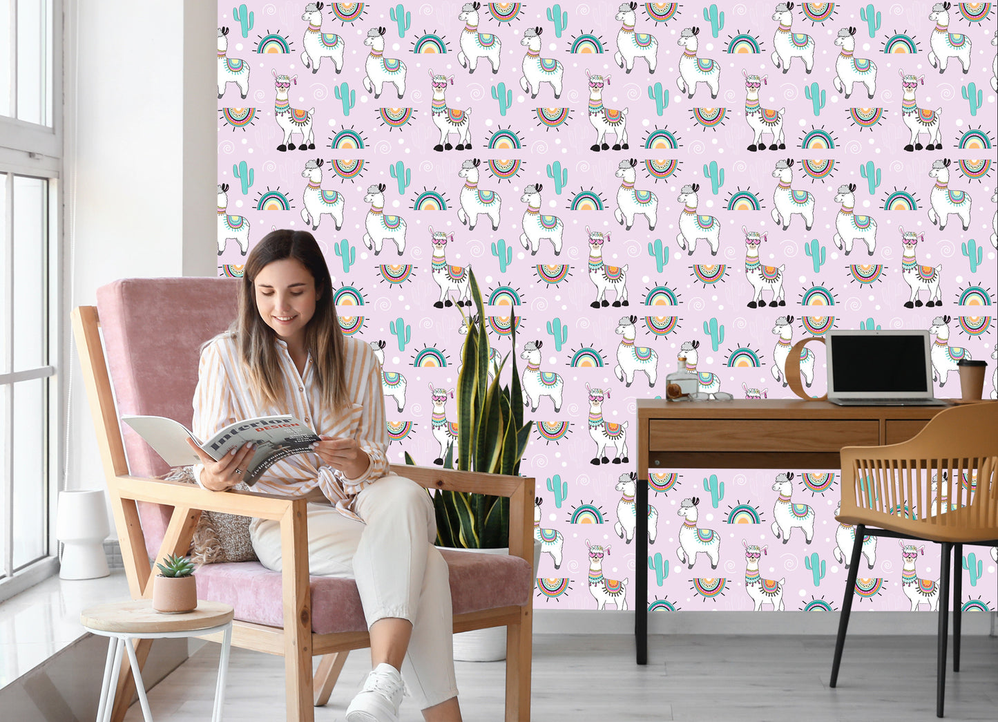 Wallpaper For Children's Room Lama Cacti Plants