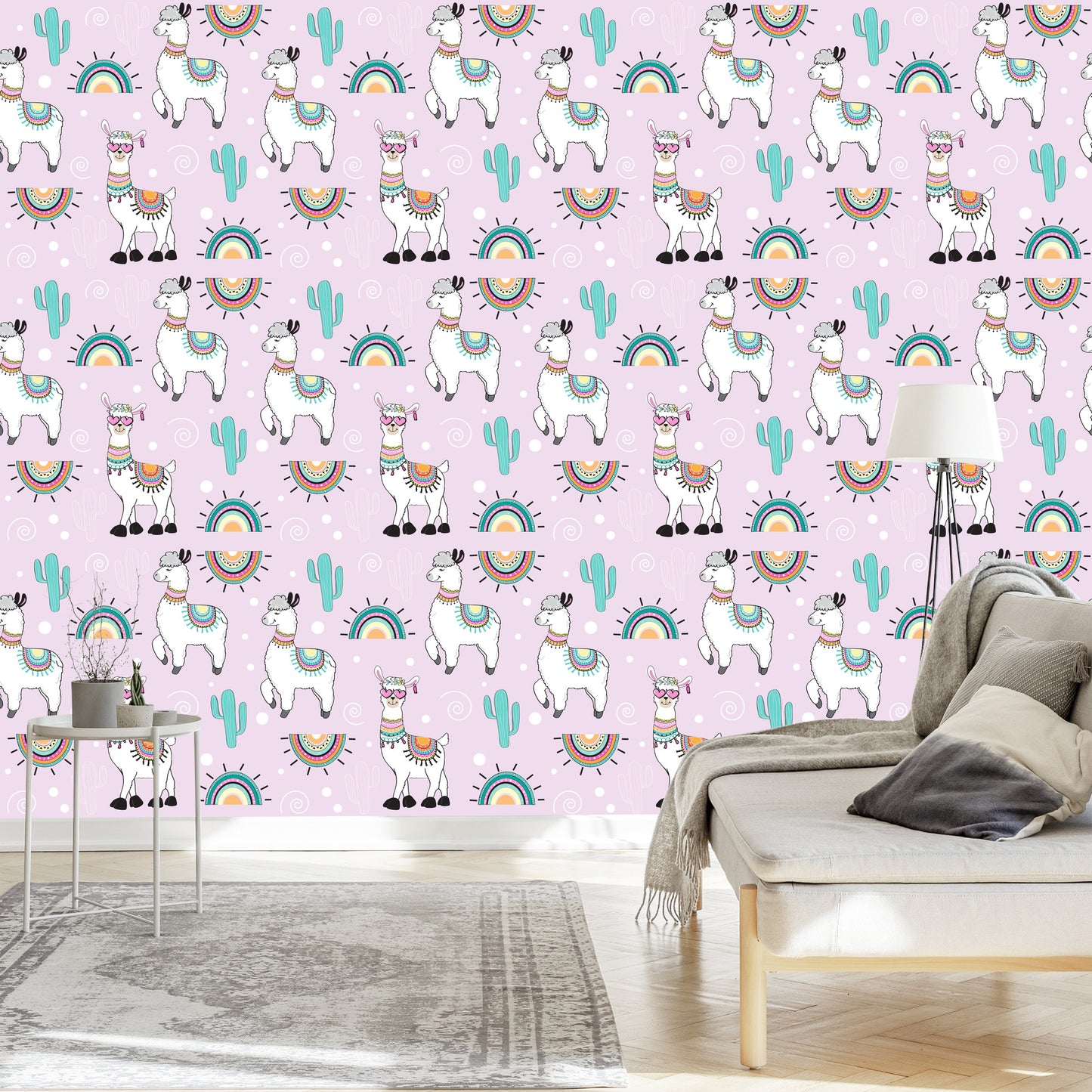 Wallpaper For Children's Room Lama Cacti Plants
