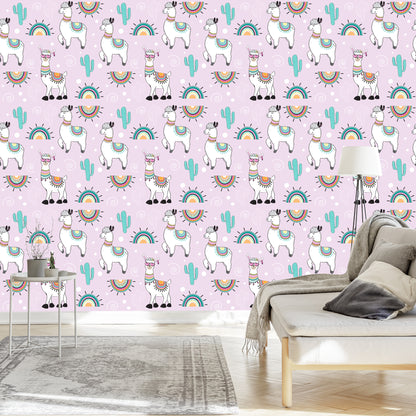 Wallpaper For Children's Room Lama Cacti Plants