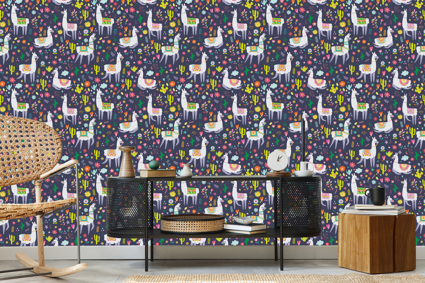 Wallpaper Cactus Plants Children's Room With Lamas