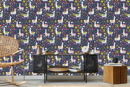 Wallpaper Cactus Plants Children's Room With Lamas