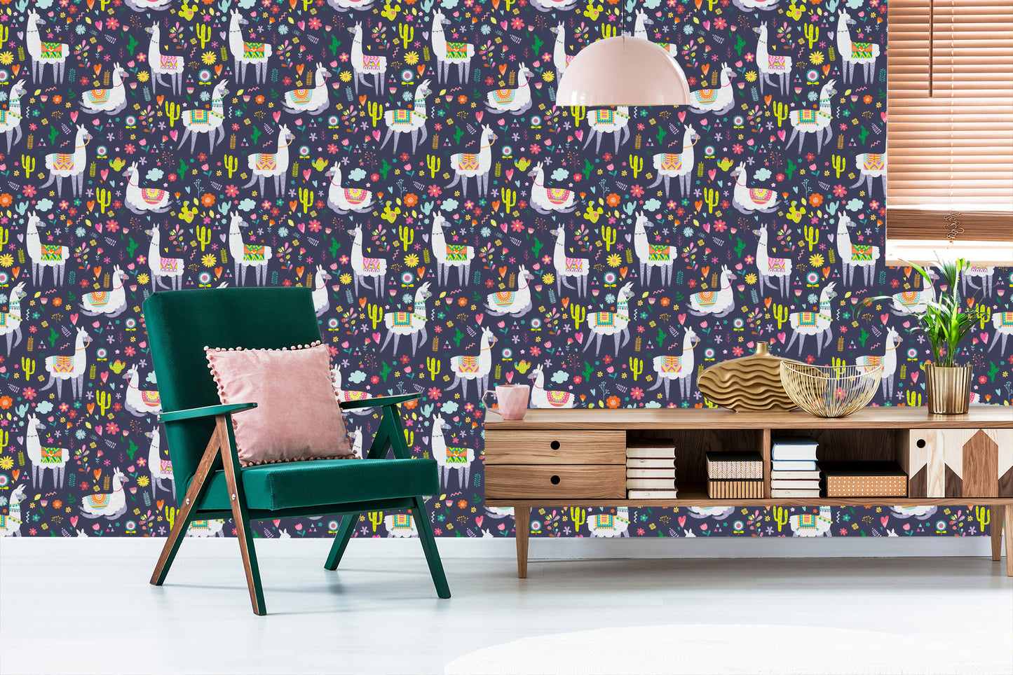 Wallpaper Cactus Plants Children's Room With Lamas