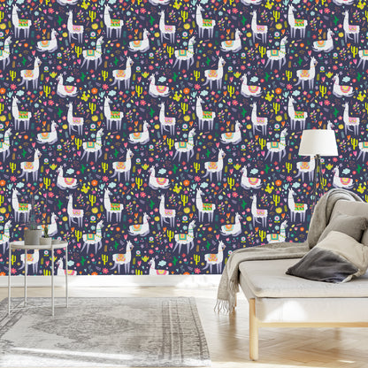 Wallpaper Cactus Plants Children's Room With Lamas