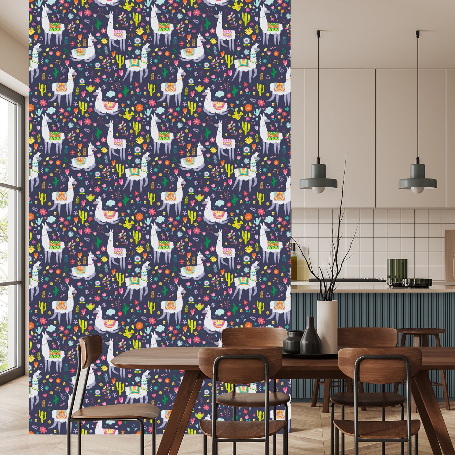 Wallpaper Cactus Plants Children's Room With Lamas