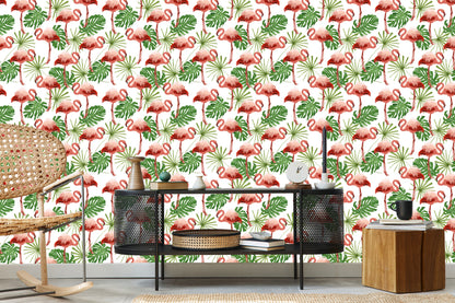 Wallpaper In Flamingos Leaves In Green Nature Bedroom