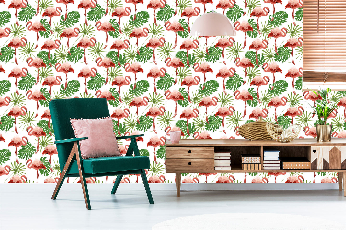 Wallpaper In Flamingos Leaves In Green Nature Bedroom