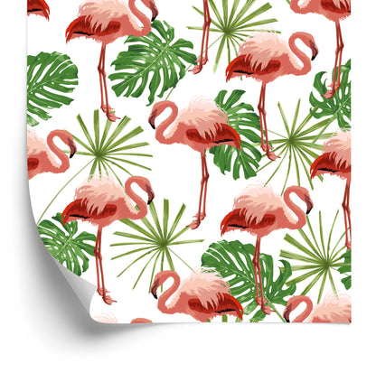 Wallpaper In Flamingos Leaves In Green Nature Bedroom