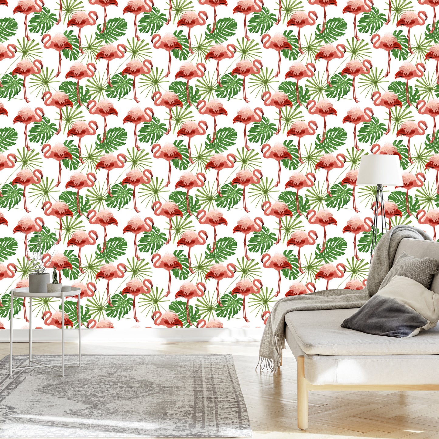 Wallpaper In Flamingos Leaves In Green Nature Bedroom