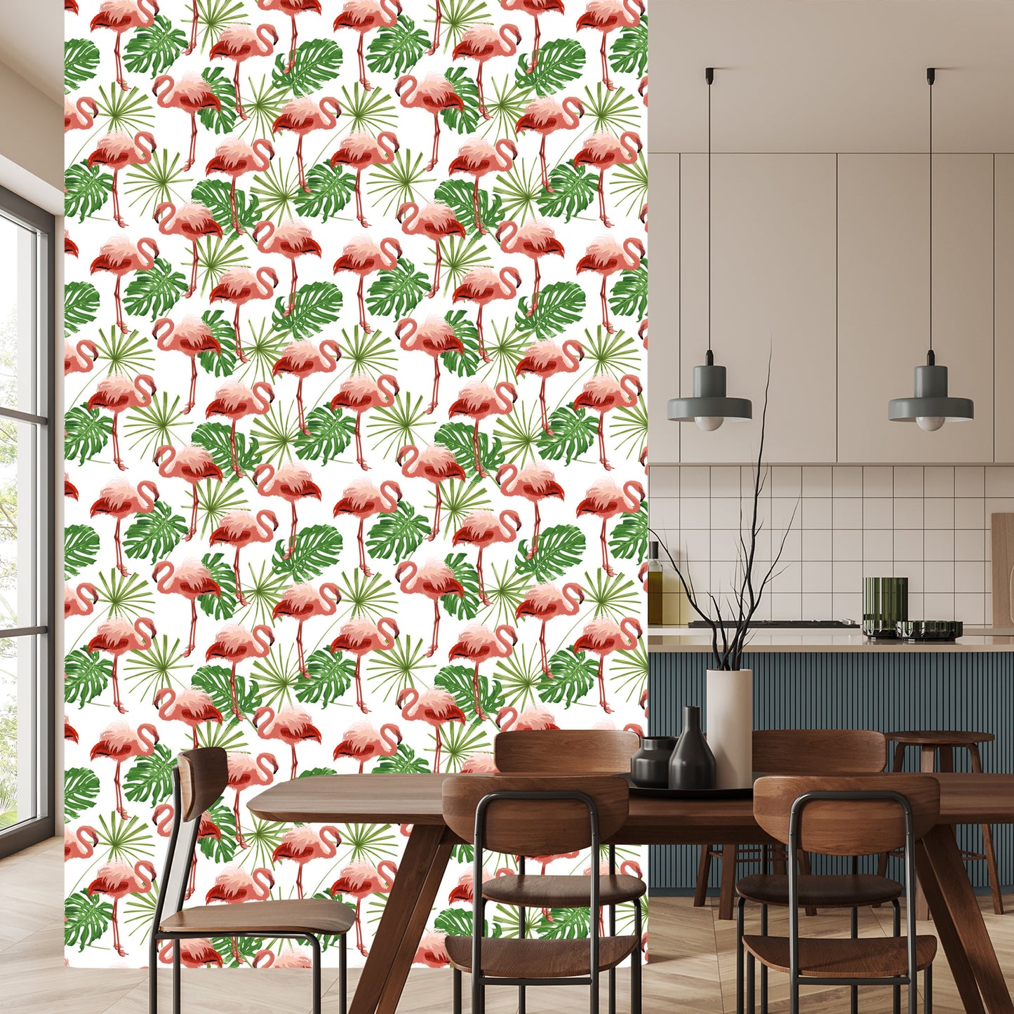 Wallpaper In Flamingos Leaves In Green Nature Bedroom