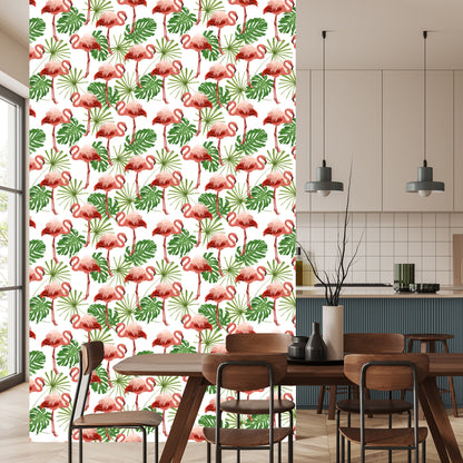 Wallpaper In Flamingos Leaves In Green Nature Bedroom