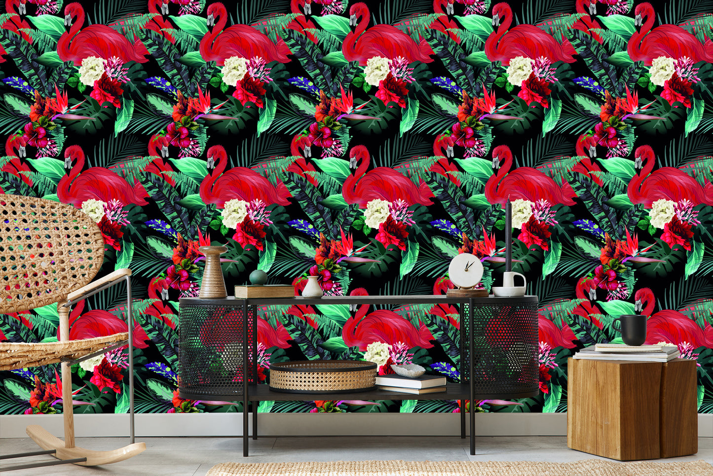 Wallpaper Flamingos Flowers Leaves Bedroom