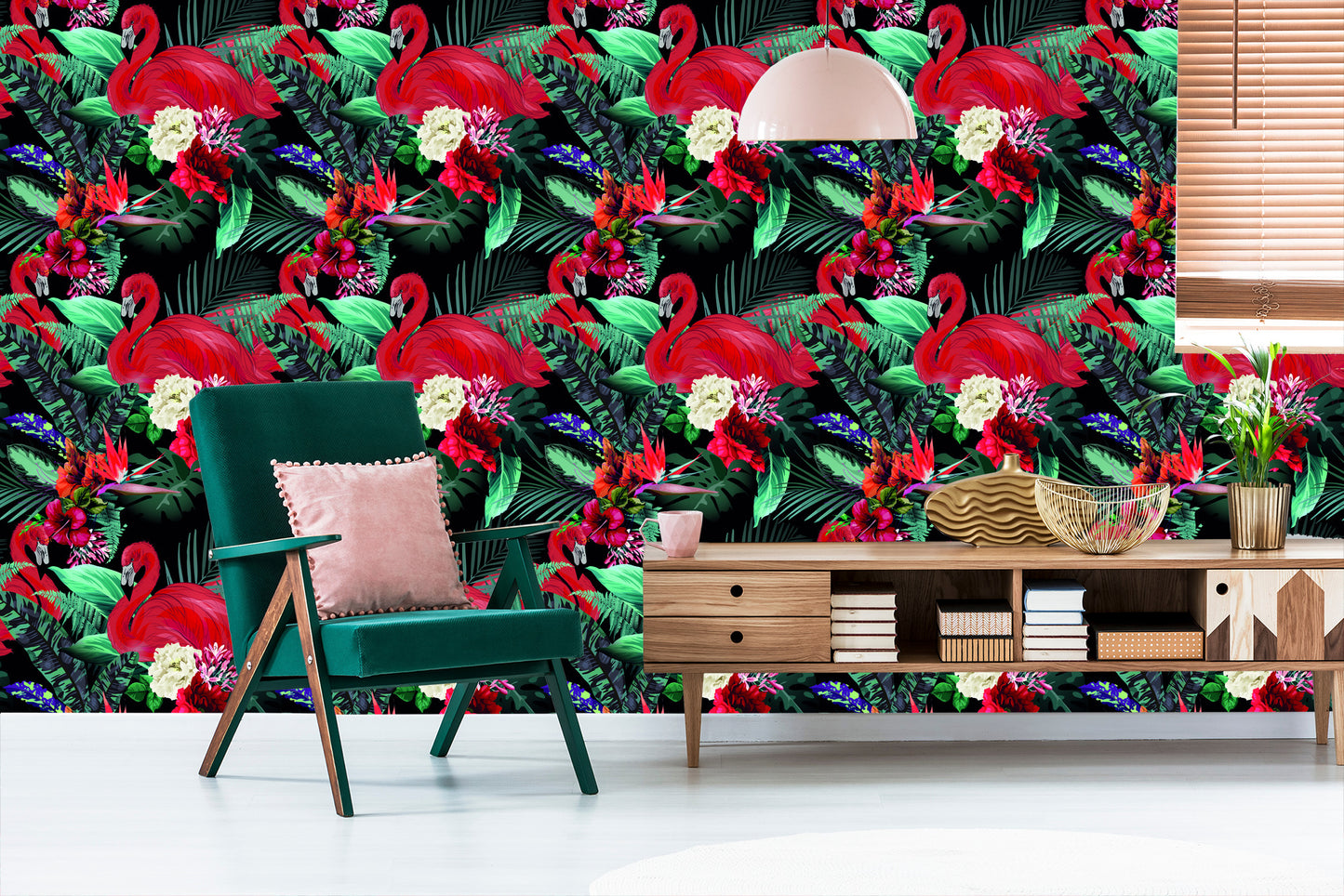 Wallpaper Flamingos Flowers Leaves Bedroom