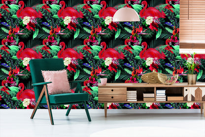 Wallpaper Flamingos Flowers Leaves Bedroom