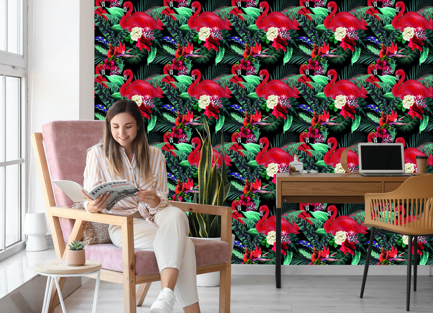 Wallpaper Flamingos Flowers Leaves Bedroom