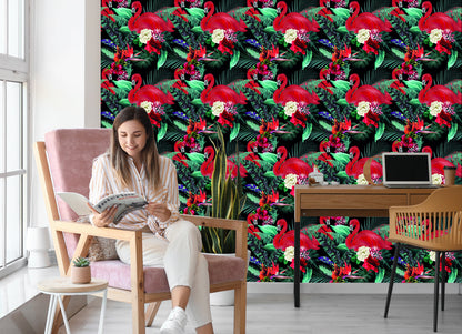 Wallpaper Flamingos Flowers Leaves Bedroom